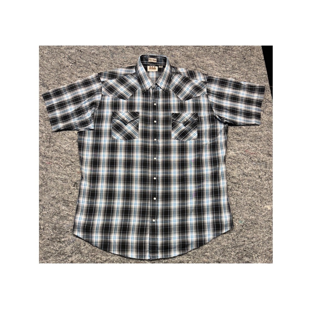Ely Cattleman Mens Tall Black Blue Plaid Pearl Snap Western Shirt Short Sleeve